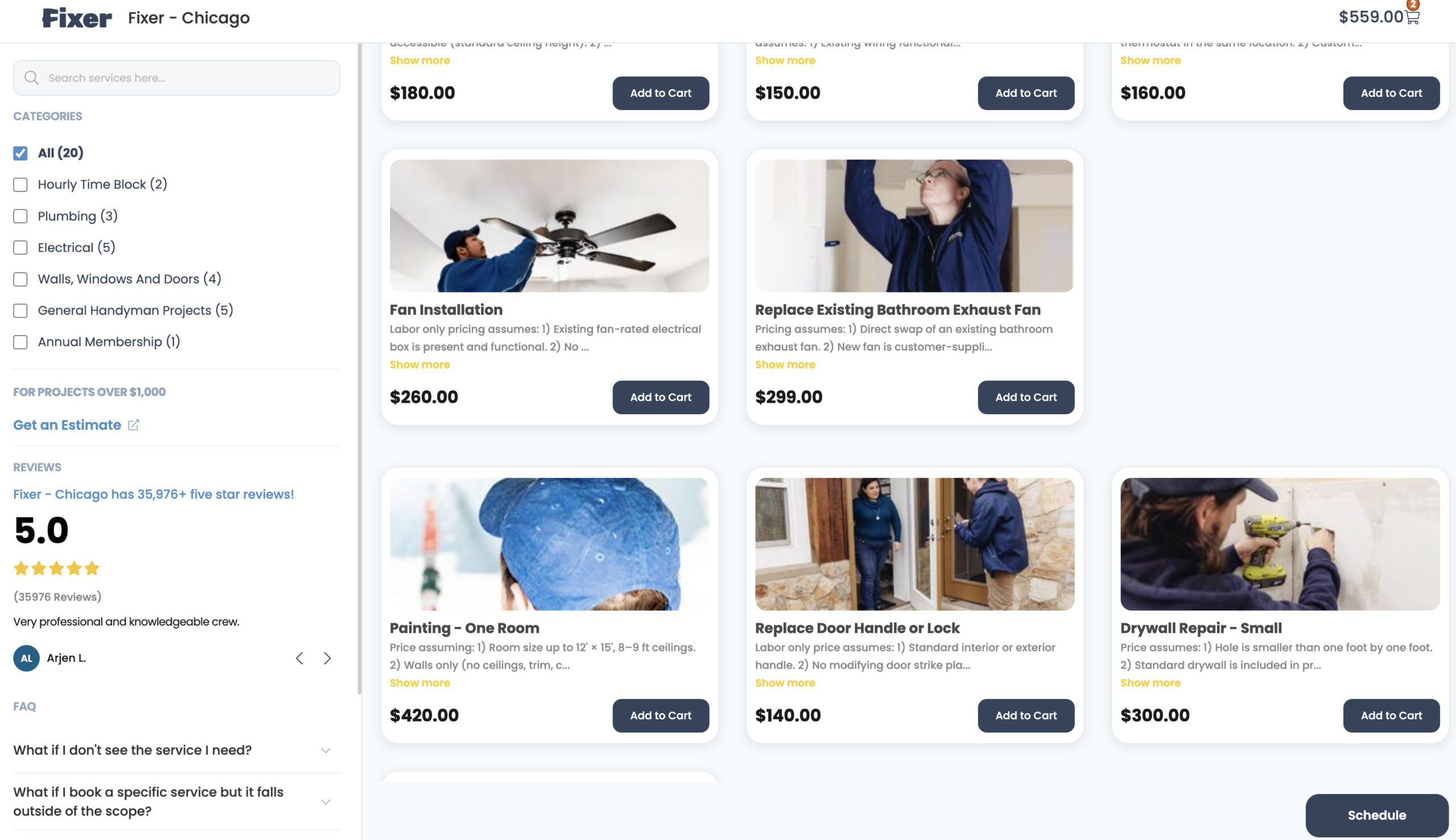 FixerPro public booking page showing services available to book